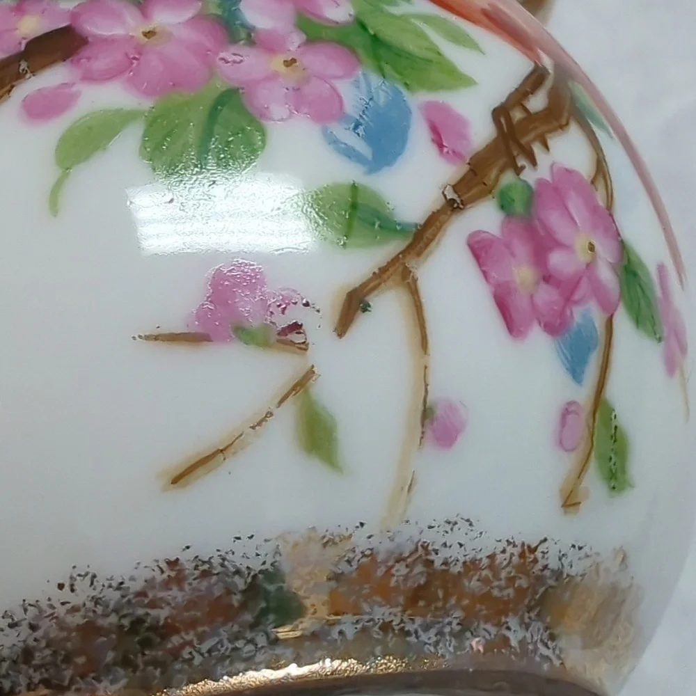 Vintage Noleans Japan Hand Painted Cardinal Birds Cherry Blossom Ceramic Pitcher